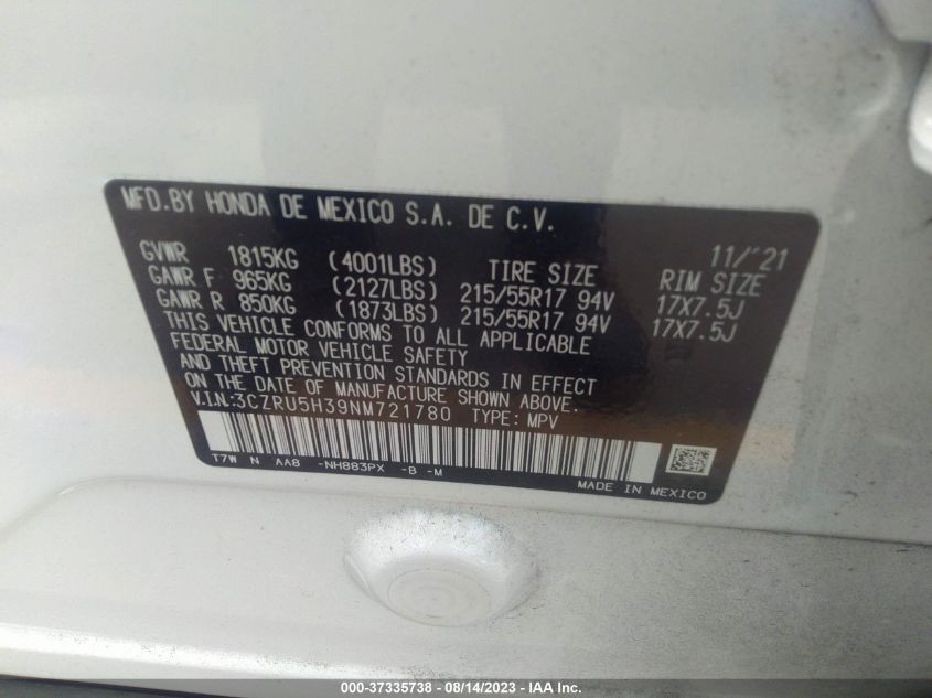 3CZRU5H39NM721780 Honda HR-V LX 9