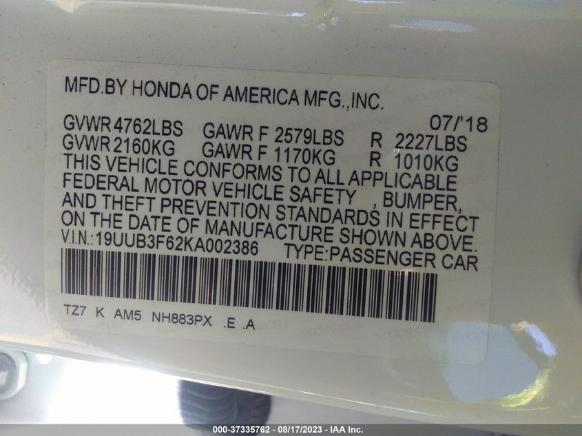 VIN 19UUB3F62KA002386 2019 ACURA TLX TECHNOLOGY/A-SPEC