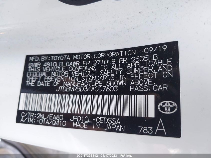 2019 TOYOTA MIRAI JTDBVRBD3KA007603