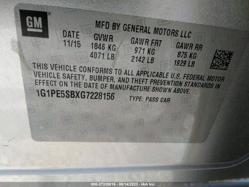 2016 CHEVROLET CRUZE LIMITED LT - 1G1PE5SBXG7228156