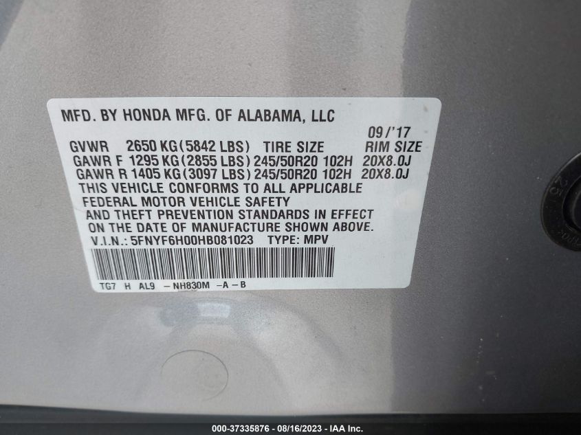 2017 HONDA PILOT ELITE - 5FNYF6H00HB081023
