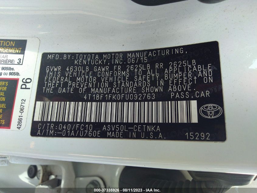 2015 TOYOTA CAMRY XLE/SE/LE/XSE - 4T1BF1FK0FU092763