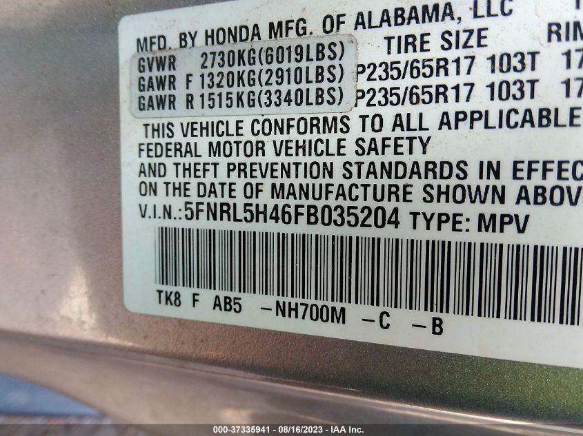 5FNRL5H46FB035204 2015 HONDA ODYSSEY, photo no. 9