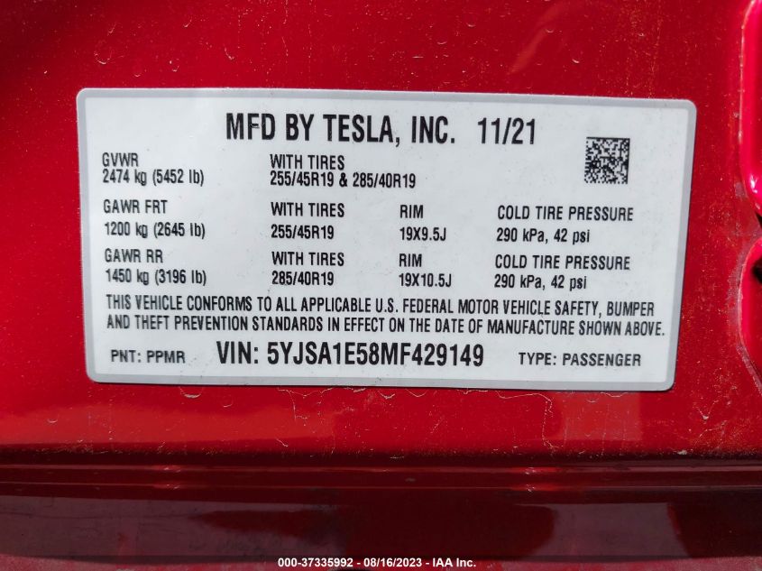 2021 TESLA MODEL S - 5YJSA1E58MF429149