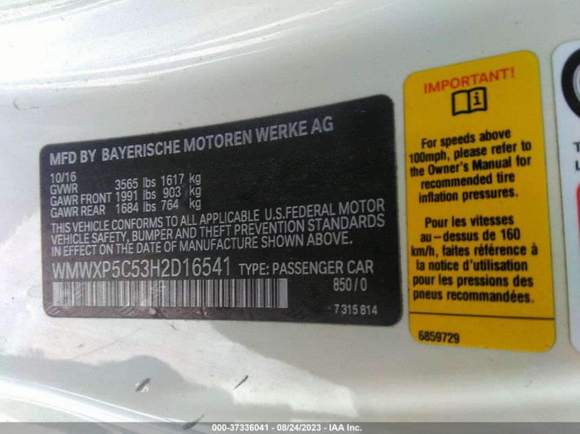 2017 MINI HARDTOP 2 DOOR COOPER WMWXP5C53H2D16541