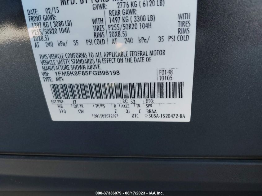 2015 FORD EXPLORER LIMITED - 1FM5K8F85FGB96198