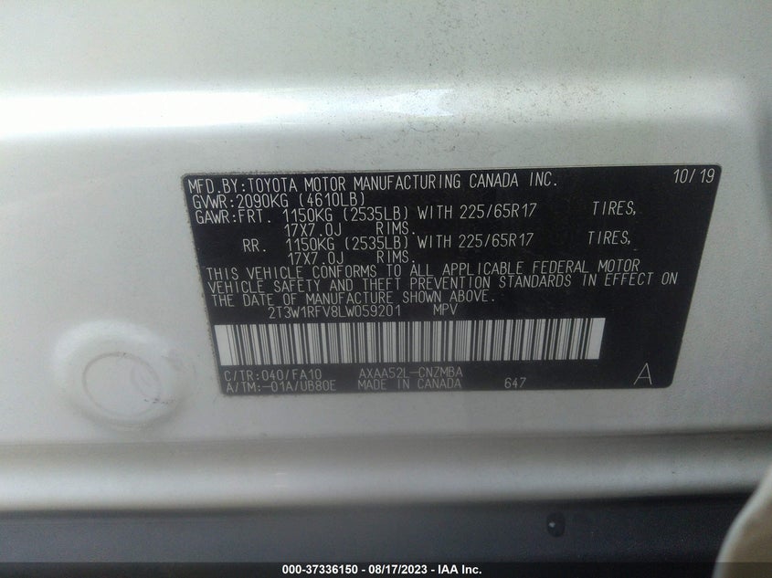 VIN 2T3W1RFV8LW059201 2020 TOYOTA RAV4 XLE