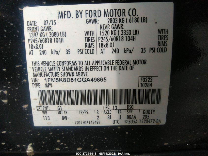 2016 FORD EXPLORER XLT - 1FM5K8D81GGA49865