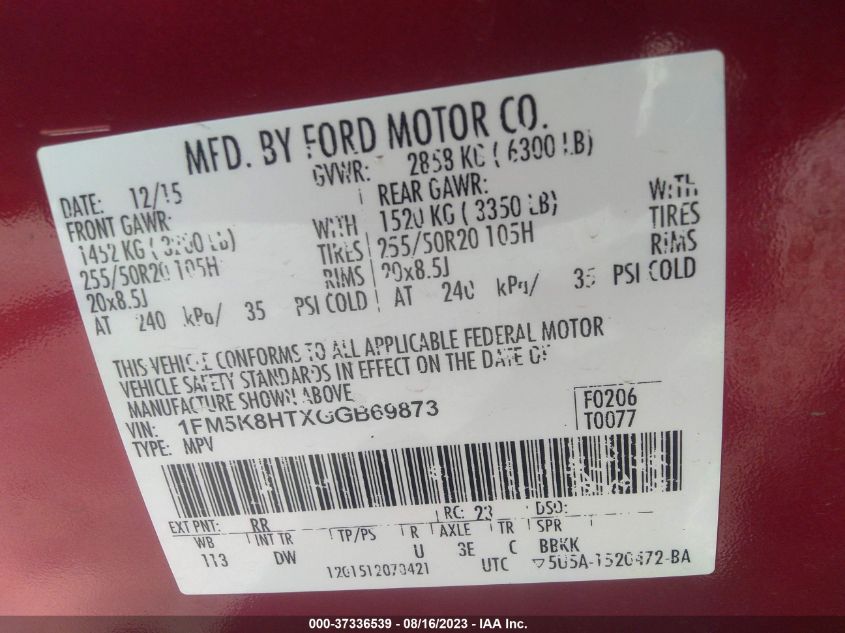 2016 FORD EXPLORER PLATINUM - 1FM5K8HTXGGB69873
