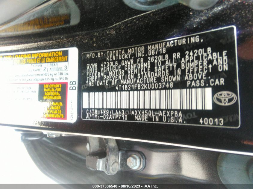 2019 TOYOTA AVALON HYBRID - 4T1B21FB2KU003748