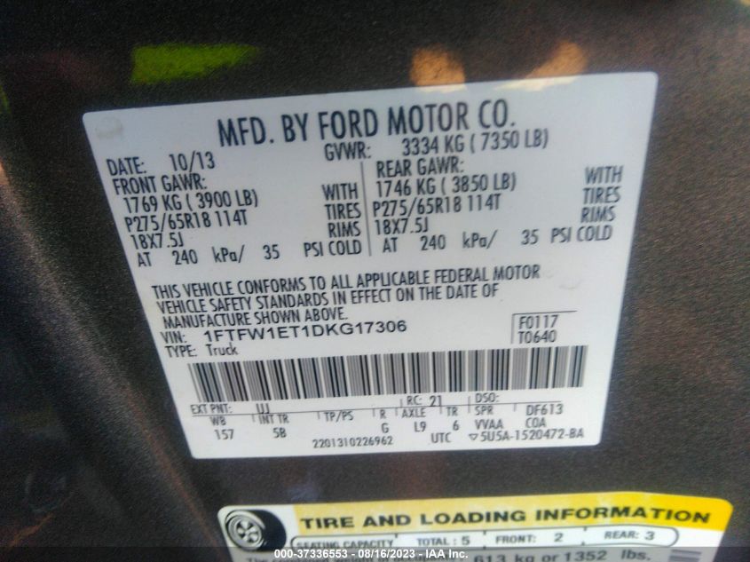 2013 FORD F-150 XL/XLT/FX4/LARIAT - 1FTFW1ET1DKG17306