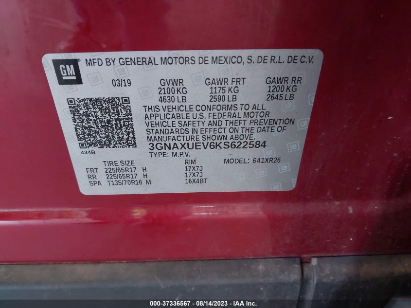 2019 CHEVROLET EQUINOX LT - 3GNAXUEV6KS622584