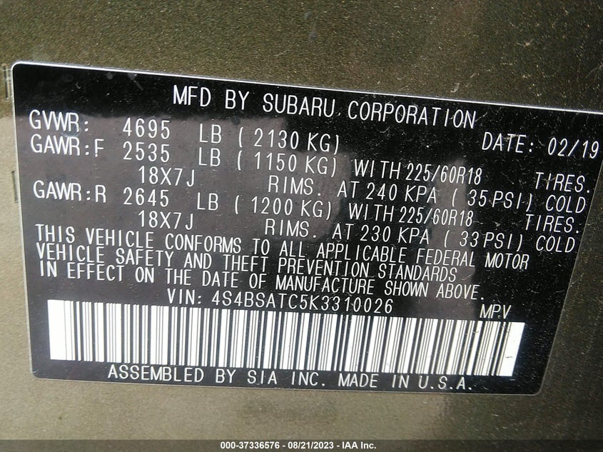 VIN 4S4BSATC5K3310026 2019 SUBARU OUTBACK TOURING