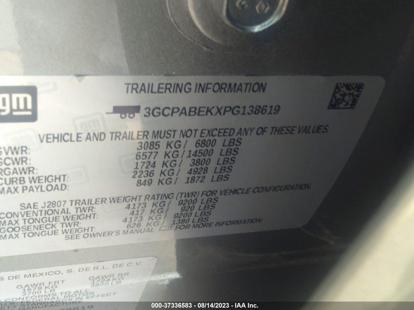 VIN 3GCPABEKXPG138619 2023 CHEVROLET SILVERADO 1500 CUSTOM