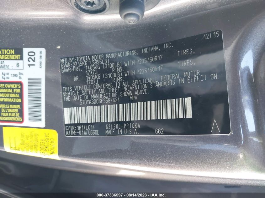 2015 TOYOTA SIENNA XLE/XLE AAS/LTD - 5TDYK3DC6FS687624