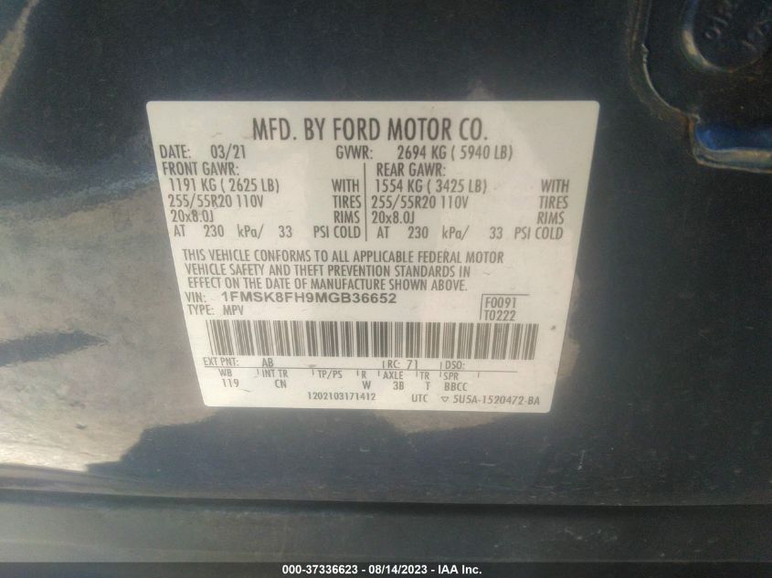 2021 FORD EXPLORER LIMITED - 1FMSK8FH9MGB36652