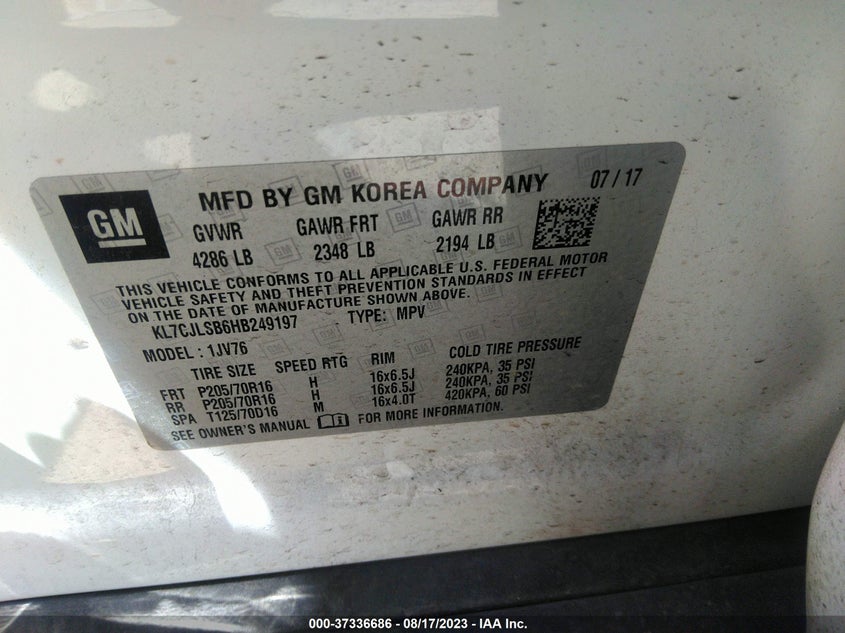 VIN KL7CJLSB6HB249197 2017 CHEVROLET TRAX 1LT