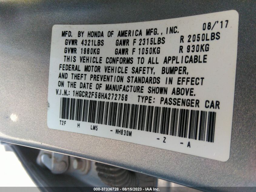 2017 HONDA ACCORD SEDAN SPORT - 1HGCR2F58HA272756