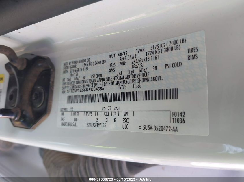 2019 FORD F-150 XL/XLT/LARIAT - 1FTEW1E56KFD34385