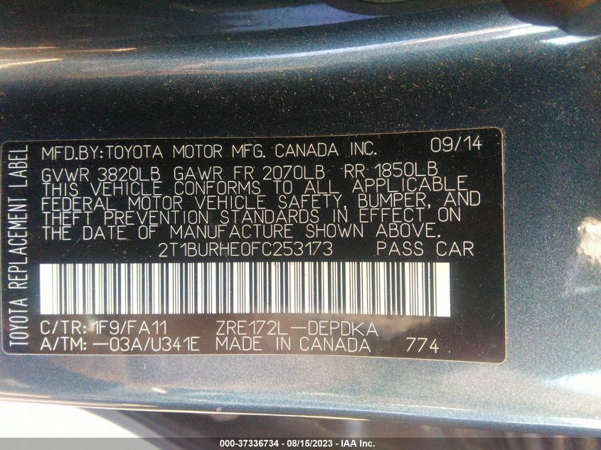 2015 TOYOTA COROLLA L/LE/S/S PLUS/LE PLUS - 2T1BURHE0FC253173