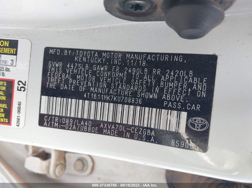 2019 TOYOTA CAMRY LE/SE/XLE/L - 4T1B11HK7KU708836