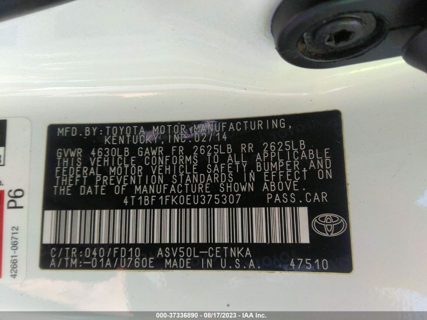 2014 TOYOTA CAMRY L/LE/XLE/SE/SE SPORT - 4T1BF1FK0EU375307
