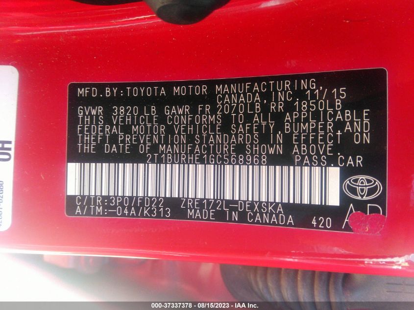 2016 TOYOTA COROLLA L/LE/S/S PLUS/LE PLUS - 2T1BURHE1GC568968