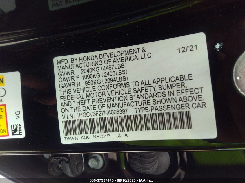 1HGCV3F27NA006387 Honda Accord HYBRID SPORT 9