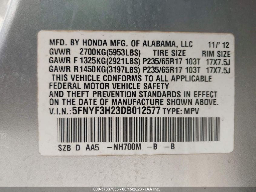 2013 HONDA PILOT LX - 5FNYF3H23DB012577