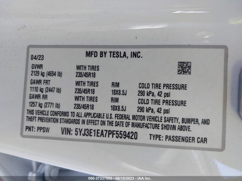 2023 TESLA MODEL 3 - 5YJ3E1EA7PF559420