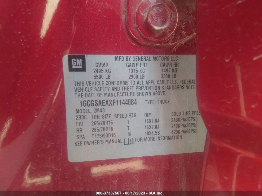 2015 CHEVROLET COLORADO 2WD WT - 1GCGSAEAXF1144884