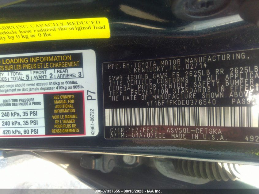 2014 TOYOTA CAMRY L/SE/LE/XLE - 4T1BF1FK0EU376540