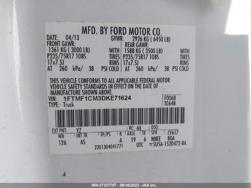 2013 FORD F-150 XL/STX/XLT - 1FTMF1CM3DKE71624