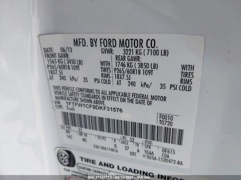 2013 FORD F-150 XL/XLT/FX2/LARIAT - 1FTFW1CF9DKF31576