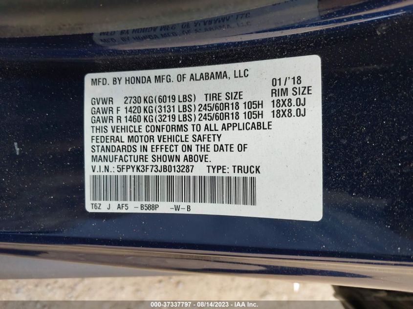2018 HONDA RIDGELINE RTL-E - 5FPYK3F73JB013287