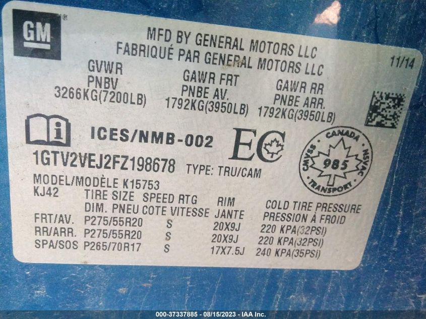 2015 GMC SIERRA 1500 SLT - 1GTV2VEJ2FZ198678