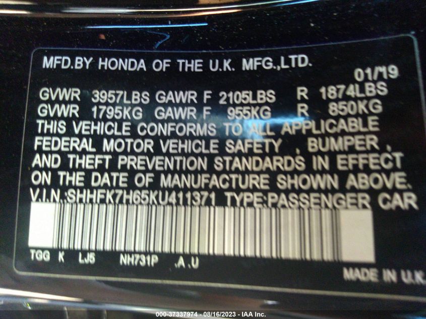 2019 HONDA CIVIC HATCHBACK EX - SHHFK7H65KU411371