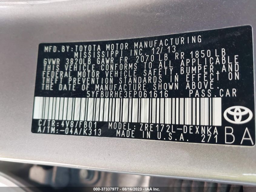 2014 TOYOTA COROLLA L/LE/LE PLS/PRM/S/S PLS - 5YFBURHE3EP061616