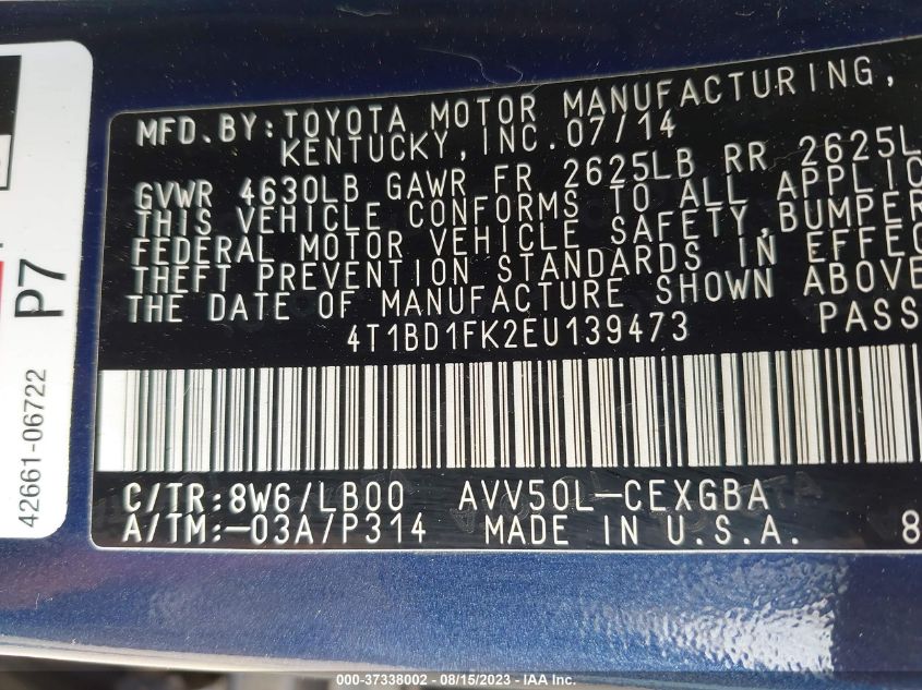 2014 TOYOTA CAMRY HYBRID LE/XLE/SE LIMITED EDITION - 4T1BD1FK2EU139473