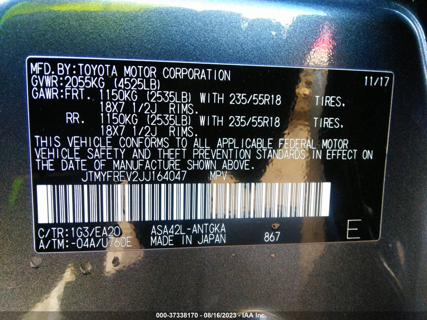 VIN JTMYFREV2JJ164047 2018 TOYOTA RAV4 LIMITED/PLATINUM
