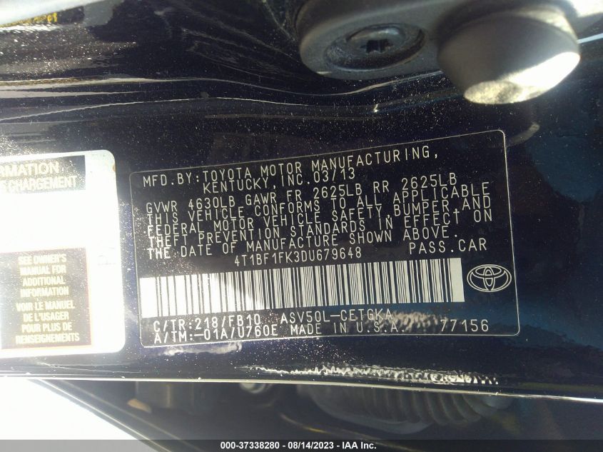 2013 TOYOTA CAMRY XLE - 4T1BF1FK3DU679648