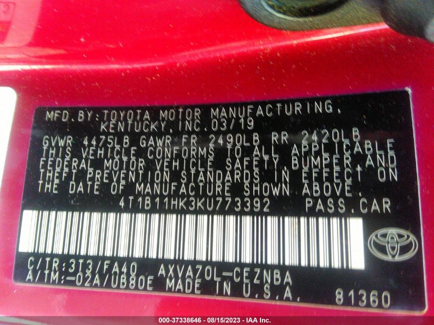 2019 TOYOTA CAMRY LE/SE/XLE/L - 4T1B11HK3KU773392