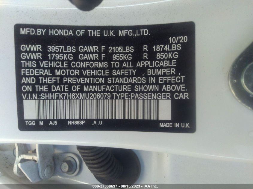 VIN SHHFK7H6XMU206079 2021 HONDA CIVIC HATCHBACK EX