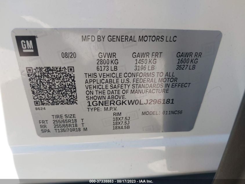 2020 CHEVROLET TRAVERSE LT CLOTH - 1GNERGKW0LJ296181