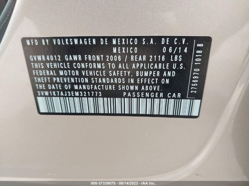 2014 VOLKSWAGEN JETTA SEDAN S - 3VW1K7AJ3EM321773