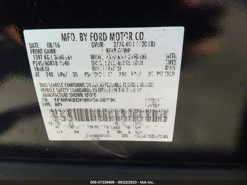 2017 FORD EXPLORER XLT - 1FM5K8DH8HGA56796