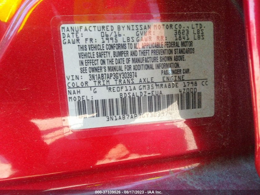 2016 NISSAN SENTRA SV - 3N1AB7AP3GY303974