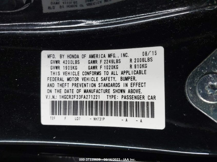 2015 HONDA ACCORD SEDAN LX - 1HGCR2F33FA271221
