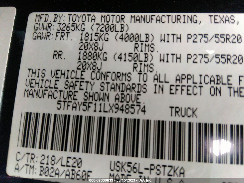 2020 TOYOTA TUNDRA 4WD PLATINUM/1794 EDITION - 5TFAY5F11LX948574