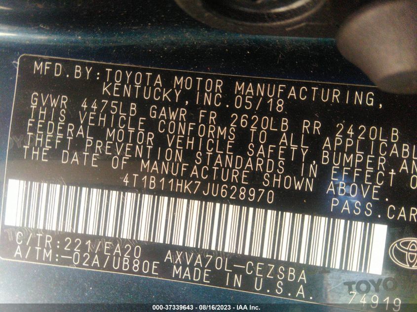 2018 TOYOTA CAMRY LE/SE/XLE/L - 4T1B11HK7JU628970